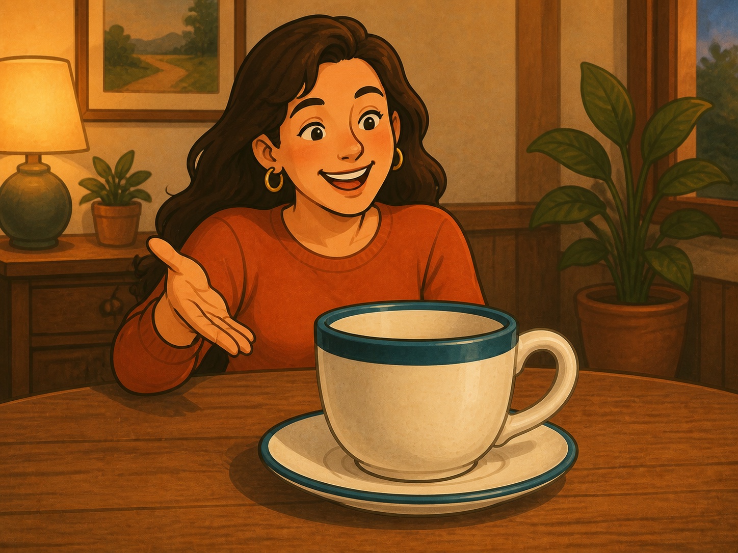 A large cream cup with a teal rim presented on a table