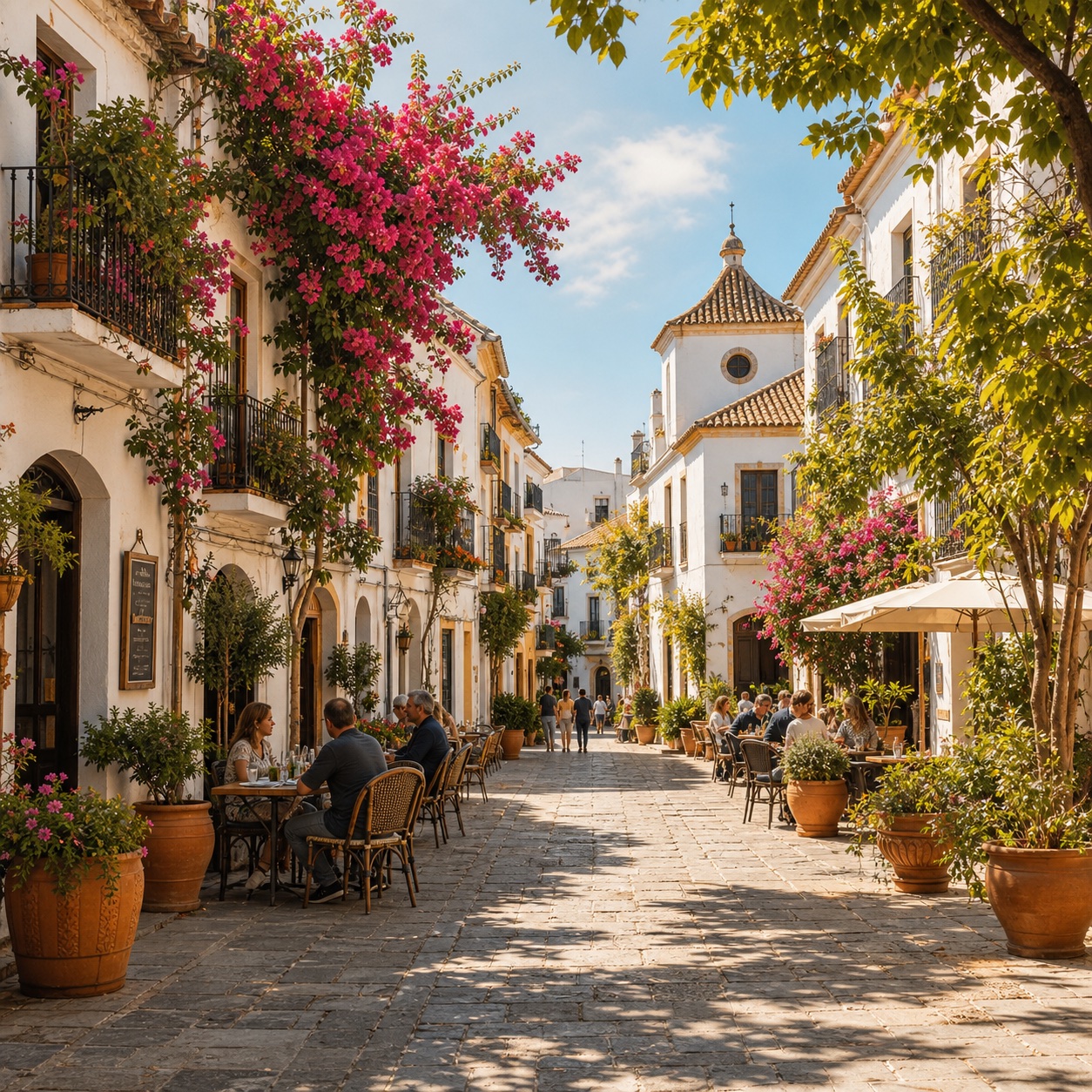 A sunlit Spanish street lined with cafés and bougainvillea